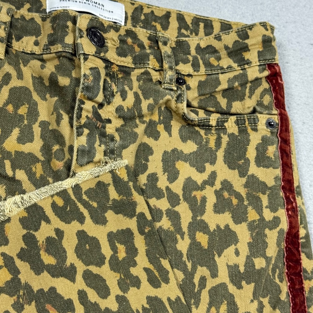 Zara Woman Leopard Print Velvet Side‎ Stripe Raw Hem Slim Jeans Tan Olive Mens 2